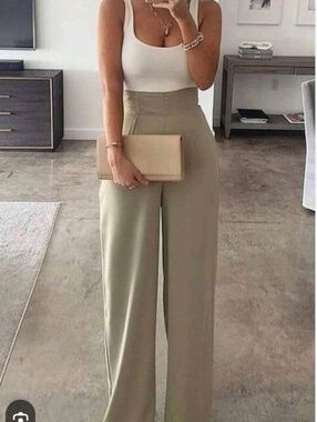 One Piece White Tank W/ High-Waist Wide-Leg Pants in Tan With Touch Of Olive